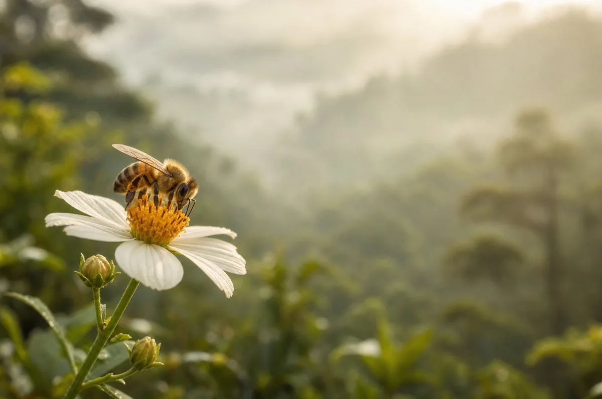 Abeja sobre una flor silvestre con el bosque nublado de fondo