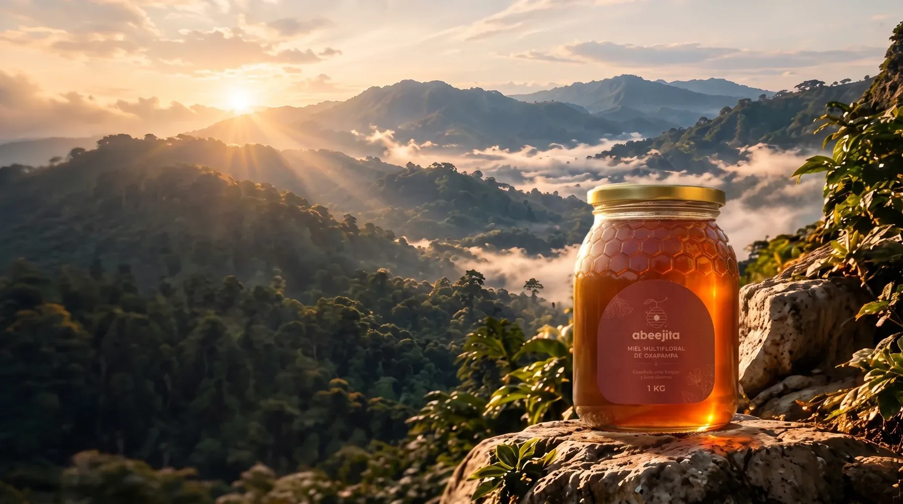 Frasco de miel Abeejita sobre una roca frente al valle de Oxapampa al amanecer