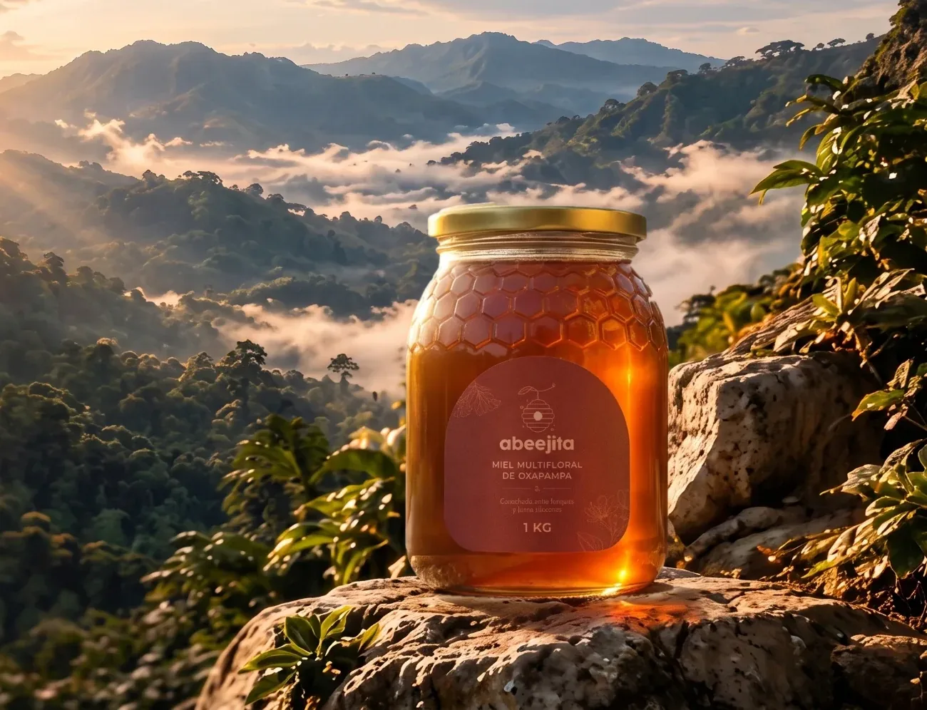 Frasco de 1 kg de miel Abeejita frente a las montañas de Oxapampa